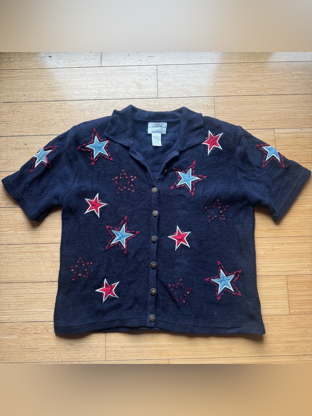 Vintage Christopher & BanksNavy Cardigan with Red and Light Blue Star Embroidery